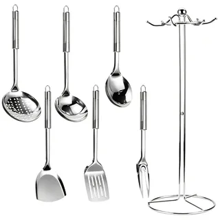 Junrvivy Edelstahl Kochbesteck Set 7-teilig | Küchenhelfer Set mit Suppenkelle, Pfannenwender, Schöpfkelle & Aufbewahrungsständer | Professionelles Küchenzubehör aus Hochwertigem Edelstahl