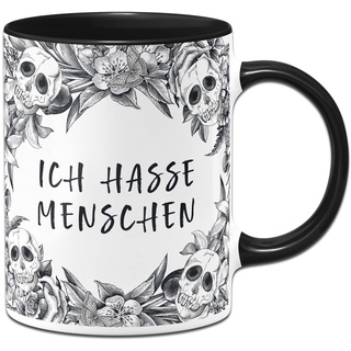 Tassenbrennerei Totenkopf Tasse - Ich hasse Menschen - Kaffeetasse lustig mit Spruch und Totenkopfmotiv - Skull Statement (Schwarz)