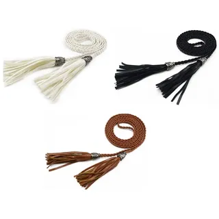 SHTGOI 3 Stück Damen Leder Dünner Taillengürtel Geflochtener Gürtel Einfarbig Quasten Kettengürtel mit Perlen Damengürtel Bindegürtel Dünne Taille Band für Rock Kleid Weiss+Schwarz+Kamel