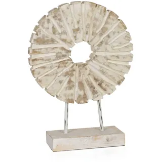 moritz Dekofigur Rune weiß 35 cm aus Mangoholz Metall Shabby Chic Holzskulptur rund auf Sockel, handgefertigte Dekoration mit Struktur für Fensterbank Kommode