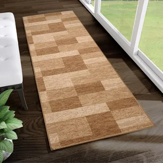 TAPISO Anti Rutsch Teppich Läufer rutschfest Brücke Meterware Modern Braun Beige Gelb Vierecke Geometrisch Design Flur Küche Wohnzimmer Diele 120 x 200 cm