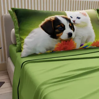 PETTI Artigiani Italiani - Bettwäsche Tiere mit Katzen und Hunden aus Baumwolle mit Kissenbezügen im Digitaldruck, Bettwäsche für französisches Bett, Grün, 100% Made in Italy