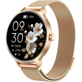 Herren Damen Rund, AMOLED Smart Watch mit Telefonfunktion, Fitnessuhr mit Pulsuhr SpO2 Schlafmonitor Schrittzähler, 120+ Sportmodi Sportuhr IP68 - Gold