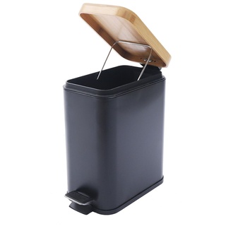 5L Mülleimer mit Fußschalter+Deckel Metall Bambus Treteimer Küche Badzimmer Abfallbehälter Abfalleimer modern (Schwarz)