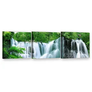 Visario Leinwandbild 3-teilig je 50x50 cm 4212 - Wasserfall im grünen Wald - Wandbild-Set fertig aufgespannt auf Holzrahmen