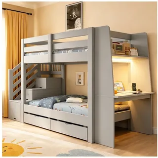 Odikalo Etagenbett Holz-Kinder Jugendbett 90x200 mit integriertem Schreibtisch LED (Holzrahmen mit Leiter Lichtleiste Steckdose und Schubladen Geeignet für Jugendliche und Erwachsene Ohne Matratze)
