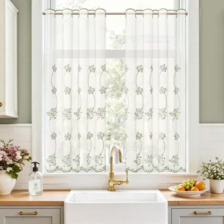 TOPICK Scheibengardine Bistrogardine 2er Set Gardinenschals H115xB90 Grün | Lichtdurchlässig Küchengardinen für Küche modern Kurzgardine Wohnzimmer Küchenfenster Fensterschal Landhausstil Küchevorhänge