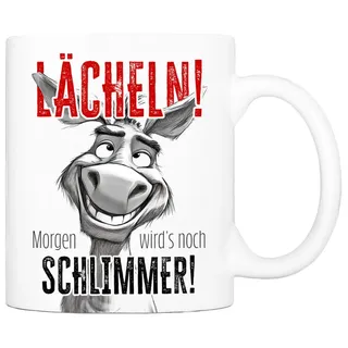 Cadouri Tasse mit Spruch 'Lächeln!' Kaffeetasse Büro Arbeit, Geschenk, Keramik, Kaffeebecher, Geschenkidee Arbeitskollege, lustig, Humor, 330 ml weiß