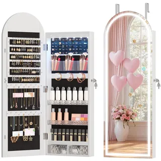 LVSOMT LED Gewölbter Schmuckschrank Hängend, Schmuckschrank mit Spiegel und Licht, Wand/Tür Hängend Schmuck Schrank Abschließbarer, Bogen Spiegel mit 3 Farben Licht, Höhenverstellbarer Haken, Weiß
