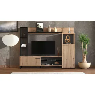 Home affaire Wohnwand Retimno, inkl. Highboard, TV-Board, Standregal und Wandregal, (Komplett-Set, 4-St), 208 cm, Trendfarben, mit dekorativen schwarzen Streifen, TV bis 58' beige