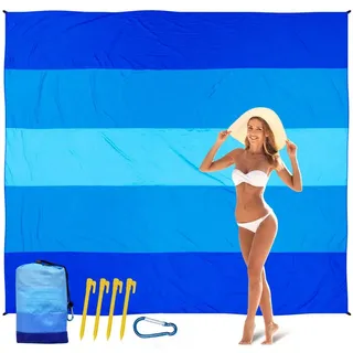 Picknickdecke Stranddecke Sandfrei Super Groß 220x210 cm, Sanddicht Wasserdicht, Agger, Weiches Bequemes Langlebiges Material, Breite Streifen blau