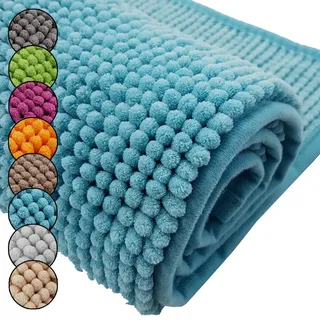 DILUMA Badematte Chenille 60x90 cm Türkis Rutschfester Hochflor Badteppich Luxus Wellness Badvorleger Saugfähig und Flauschig