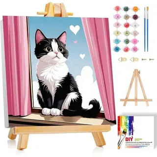 Katze Malen Nach Zahlen Kinder Mit Rahmen und Geschenkbox 20x20 cm | Katze Malen Nach Zahlen Kinder Leinwand Ölgemälde, Tiere Paint by Number DIY ab
