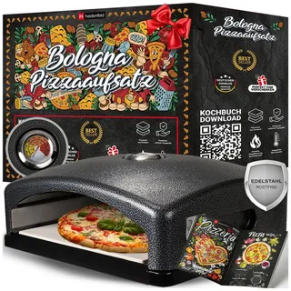 Heidenfeld Pizzaofen-Grillaufsatz Pizzaaufsatz für Gasgrill Bologna Pizzabox, Edelstahl, (geeignet für Gasgrill Gas Holzkohlegrill, Hitzedämmung, 1-St., 2 x seitliche Griffe, leichte & schnelle Reinigung per Hand), Pizzaofenaufsatz - Thermometer bis 540°C & Pizzastein Cordierit schwarz