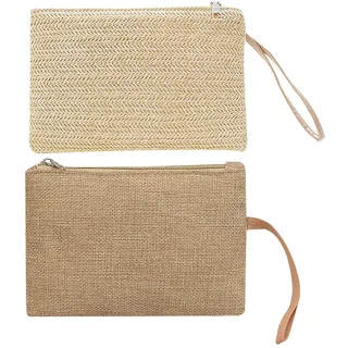 1 beige gewebte Tasche, 1 khakifarbene Tragetasche, Damen-Stroh-Clutch, Boho-Stil, Sommer-Strandtasche, Reißverschluss-Geldbörse - 24*16*2 cm, 18*13*1 cm