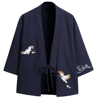 Siehin Herren Frühling-Sommer Baumwolle Leinen Japan Happi Kimono Haori Jacke Vintage Lose Japanische Yukata Übergangsjacke - EU L =ASIA 2XL