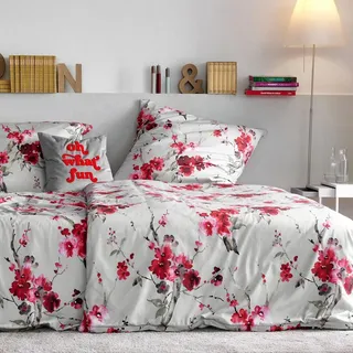 Apelt Mako-Satin Bettwäsche Hanami grau rot 155x220 cm + 80x80 cm - grau;rot;pink