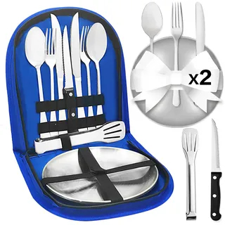 Cynrikah Camping Geschirr 2/4 Personen, 11/21PCS Camping Zubehör Camping Besteck Set Edelstahl Picknick Zubehör mit Flaschenöffner, Steakmesser, Löffel Gabel Messer Teller für Camping/Grillen/Wandern