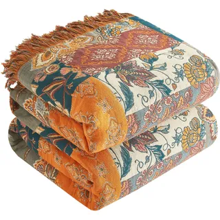 SE SOFTEXLY Boho Decke 100% Baumwolle – Doppelseitige Musselin Tagesdecke 150x200cm, Kuschelige Sofadecke & Bettüberwurf, Aesthetic Design, Ideal für Wohnzimmer & Schlafzimmer, Orange/Grün