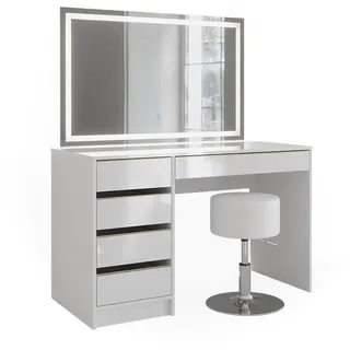Vicco Schminktisch Sherry Weiß Hochglanz Gold 120 x 75 cm 5 Schubladen LED-Spiegel Hocker