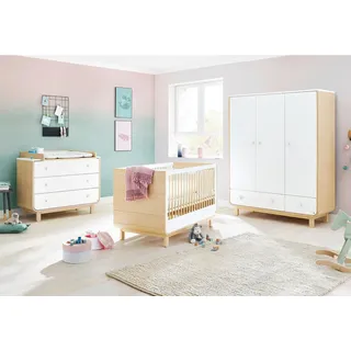 Pinolino Babyzimmer Pinolino Round, Weiß, Ahorn, Holzwerkstoff, 5 Fächer, 3 Schublade(n) Schubladen, in verschiedenen Größen erhältlich,zum Juniorbett umbaubar, höhenverstellbar, Sprossen mit Normabstand, Aufbauanleitung im Karton, Lattenrost inklusive, Schlupfsprossen, Babymöbel, Babyzimmer-Sets