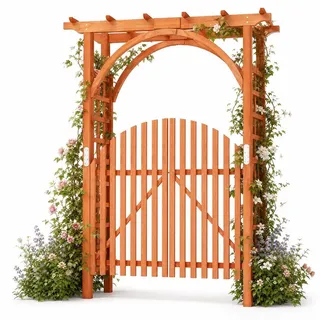 COSTWAY Rosenbogen mit Tür 161 x 60 x 215,5cm, Gartenbogen Tannenholz, Rankbogen mit Hängedach& Rankgitter für Kletterpflanzen, Torbogen Garten ... - Orange