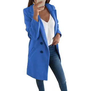 Onsoyours Damen Blazer Winter Mantel Elegant Warm Wintermantel Steppmantel Knopf Klassische Vintage Zweireihig Revers Schlack Slim Fit Trenchcoat mit Taschen (36, Blau) - 36
