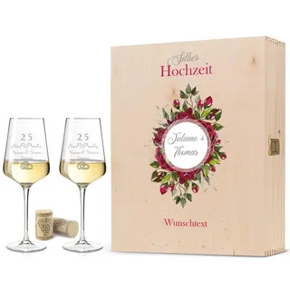 GRAVURZEILE Leonardo Weingläser mit Gravur - Silberhochzeit 25 Jahre - Personalisiert mit Namen & Datum inkl. Holzkiste - Geschenk für Sie & Ihn zur Hochzeit Verlobung Jahrestag - Große Kiste UV