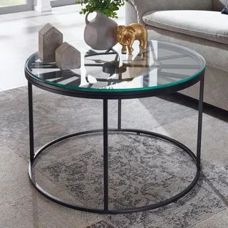 KADIMA DESIGN Couchtisch GESSO mit Uhr: Einscheibensicherheitsglas, pulverbeschichtetes Metallgestell, römische Uhr, handgefertigt.