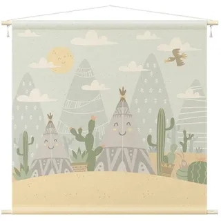 Bilderdepot24 Wandteppich modern Tipi türkis, quadratisch, Höhe: 2.6 mm, großes Wandbild aus Natur-Baumwolle Wandbehang Stoffbild Tuch Wollseil grün quadratisch | 110 cm x 110 cm x 2.6 mm