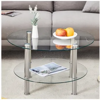 ANYSUN Couchtisch Couchtisch Glas, Glastisch runder (Wohnzimmertisch mit 2 Ablagen), Sofatisch, Kaffeetisch, Beistelltisch für Wohnzimmer silberfarben
