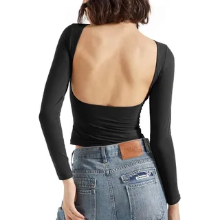 BTFONIA Rückenfreies Ausgeh-Oberteil for Damen, doppelt gefüttert, offener Rücken, Basic-Langarm(Black,M) - M