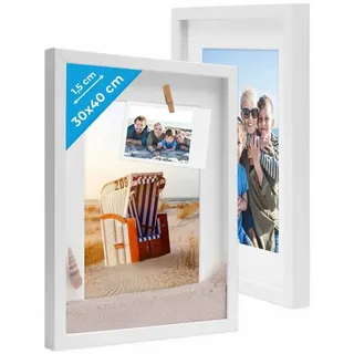 PHOTOLINI Bilderrahmen 2er Set 3D-Objektrahmen zum Befüllen mit Passepartout und Glasscheibe, für 2 Bilder (2er Set), Rahmen 30x40 cm für Objekte bis 1,5 cm Tiefe zum Basteln & Verschenken weiß 30 cm x 40 cm