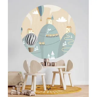 WANDKIND Wandtattoo Haus auf dem Berg Kinderzimmer RUND V394, Heißluftballon, wieder ablösbar 75 cm x 75 cm