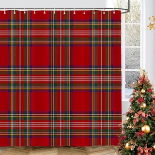 GOOESING Weihnachts-Duschvorhang mit Schottenkaro, Bauernhaus, Badezimmer, Duschvorhänge für Badewanne, Dekoration mit Haken, 152,4 x 183,9 cm, Rot und Grün