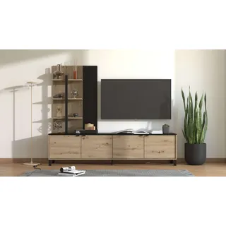 Home Affaire Wohnwand Margate inkl.TV-Board und Standregal, 208 cm, mit dekorativen schwarzen Streifen, metallgriffe beige|schwarz