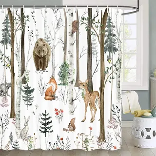 Rustikale Waldduschvorhänge, Lodgehütte, Woodsy Wohnmobil-Duschvorhang, Wildtiere, Wald, Camper, Camping-Badezimmer-Set mit Haken, 183 x 190 cm
