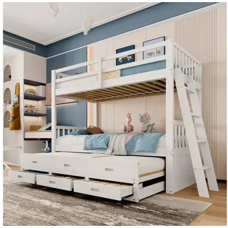Merax Etagenbett 90x200 cm aus Kiefer mit Ausziehfunktion, Kinderbett mit Schubladen (3-St), Hochbett mit Lattenrost und Rausfallschutz, umbaubar in Einzelbetten weiß