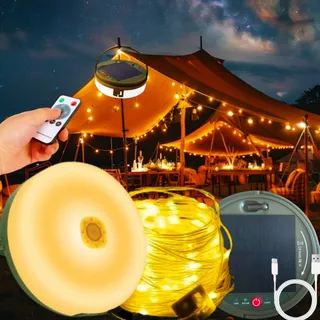 Camping Lichterkette Aufrollbar Solar, 12M 120LEDs Wasserdicht Lichterkette Aufrollbar Outdoor mit 8 Beleuchtungsmodi, Wiederaufladbar LED Campinglampe mit Fernsteuerung für Camping(12M Warmweiß )
