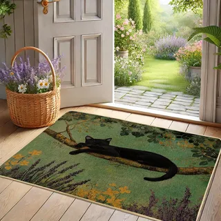 Katzen-Fußmatte, grüner Baumzweig, Türmatte für Außen- und Inneneingang, Federdekoration, Gummi, wasserdicht, rutschfest, staubabsorbierend, leicht zu reinigen, 73,2 x 43,2 cm