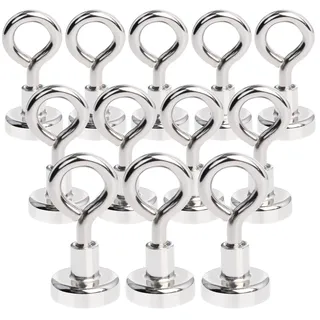 MIN CI 12 Stück Magnethaken Extra Stark, 16mm Neodym Magnete Haken Zugkraft 8kg(17.6lbs) Ösenmagnet Magnet mit Haken Magnethalterung Rund Magnet Magnetische Haken für Camping Garage Küche Büro