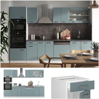 Vicco Küchenzeile R-Line Solid Weiß Blau Grau 300 cm Arbeitsplatte modern Küchenschränke Küchenmöbel