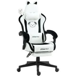 Dowinx Gaming Stuhl,Gamer Chair,PU-Leder Sessel mit Katzenohren und Hundedekoration,Ergonomischer Gamingstuhl,150KG Tragkraft PC Stuhl,Verstellbar Fußstütze Armlehnen Rückenlehne,Hund-Weiß