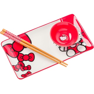 Silver Buffalo Sanrio Hello Kitty Keramik-Sushi-Set mit roter und weißer Schleife, mit Dip-Soßenschale und passenden Essstäbchen