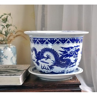 Keramik-Blumentöpfe im chinesischen Stil, blaues und weißes Porzellan, Chlorophytum, grüner Blumentopf, chinesischer handgezeichneter chinesischer Drache, Innen-/Außen-Blumentopf, antike HEI