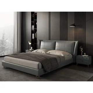 mukuhi Lederbett Polsterbett Echtleder 180x200 cm mit gepolstertem Doppelkopfteil grau|grün