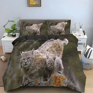 Bettwäsche 135x200 DunkelgrüNer Luchs Bettwäsche-Sets Katze Bettwäsche 3 Teiliges Set mit Reißverschluss - Atmungsaktiv Weich Bequem Mikrofaser Bettbezug + 2 Kissenbezug 80x80 cm