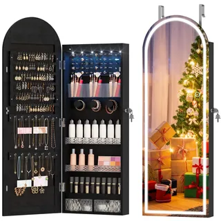 LVSOMT LED Gewölbter Schmuckschrank Hängend, Schmuckschrank mit Spiegel und Licht, Wand/Tür Hängend Schmuck Schrank Abschließbarer, Bogen Spiegel mit 3 Farben Licht, Höhenverstellbarer Haken, Schwarz