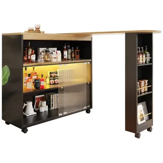 Fine Life Pro Bartisch Ausziehbarer Bartisch mit Stauraum, Moderner Beweglicher Bar Table, (Teleskopischer Bartisch mit LED, Stehtisch Bistrotisch), Hochtisch Kücheninsel Bistro Table, Großer Stauraum schwarz mit Seitenschrank