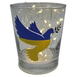 Lichtidee Teelicht Glas Windlicht Tischlicht solidarität Ukraine Print mit Friedenstaube gelb blau Handmade Unikat Frieden, Höhe 8cm,